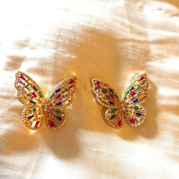 Vintage Gold And Crystal Butterfly Earrings GARDEN GIRL! - Picture 2 of 9